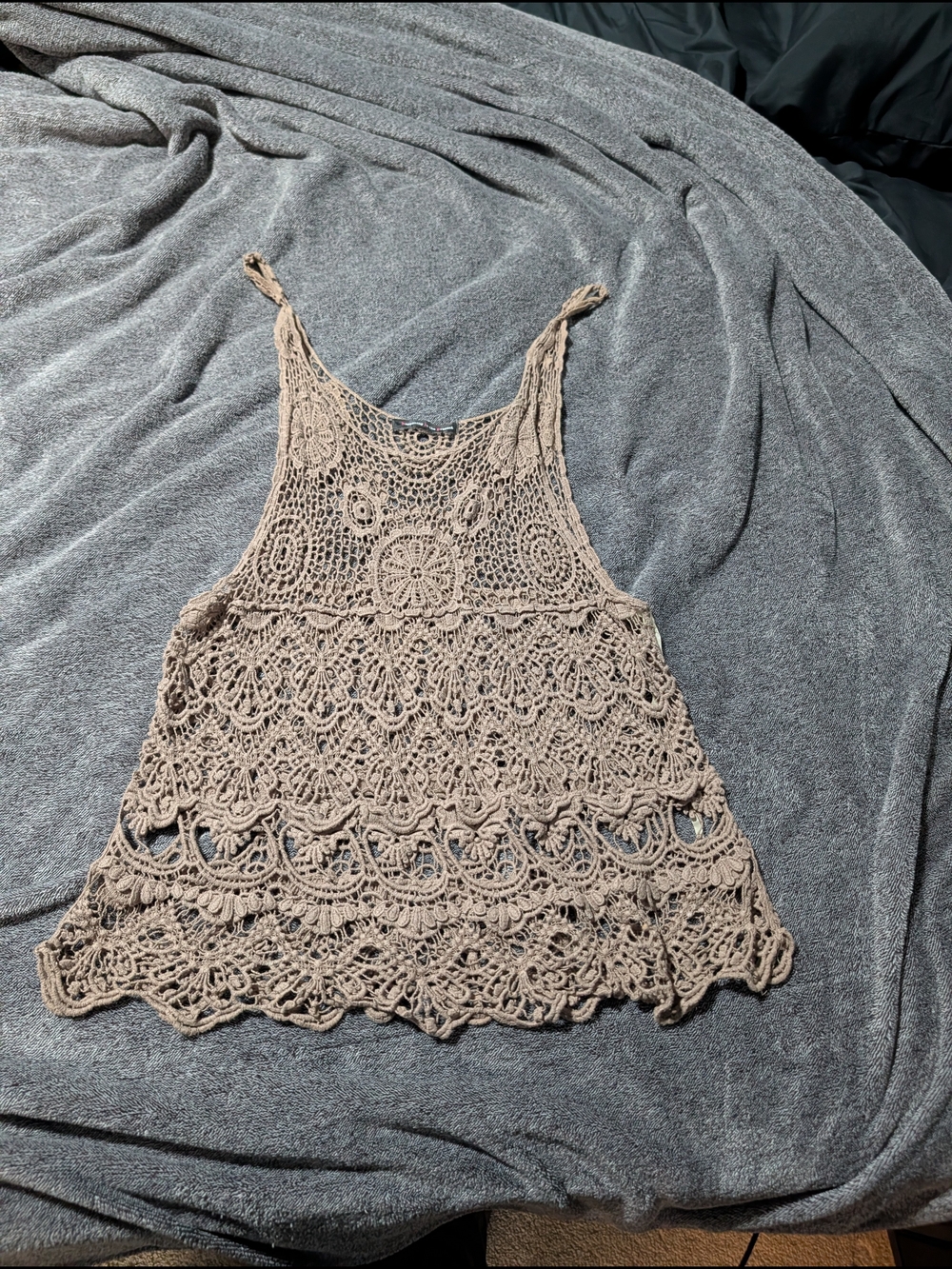 happening in the present Taupe Crochet Camisole